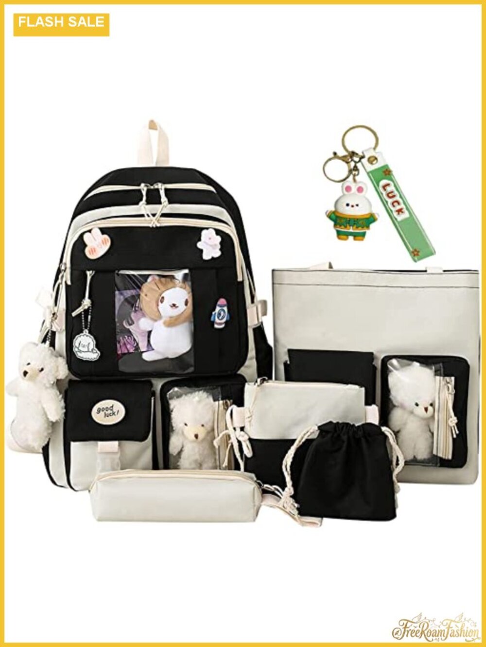 Kawaii Backpack 5pc Set 17in Nylon Waterproof School Bag with Pendant